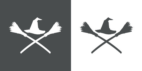 Logo con silueta de sombrero de bruja sobre 2 escobas cruzadas para su uso en invitaciones y tarjetas de Halloween © teracreonte