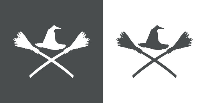 Logo con silueta de sombrero de bruja sobre 2 escobas cruzadas para su uso en invitaciones y tarjetas de Halloween