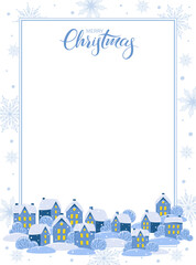 Greeting letter Merry Christmas decorated with winter landscape with houses and trees. Vector illustration