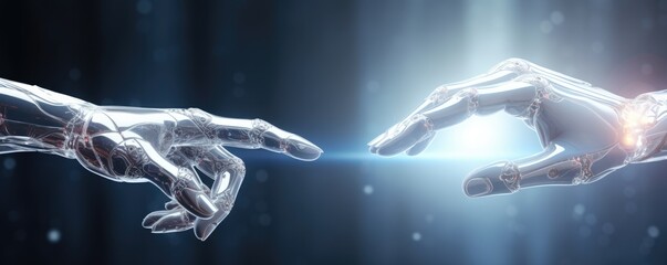 Robot and human touch. Simplifying life with artificial intelligence banner panorama. Generative Ai.