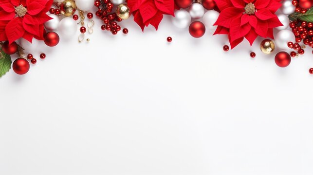 Photo of a festive holiday display with poinsettias and Christmas decorations on a white background