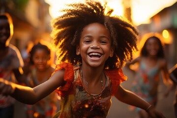 Happy children dancing on the street in the sunset sunlight - obrazy, fototapety, plakaty