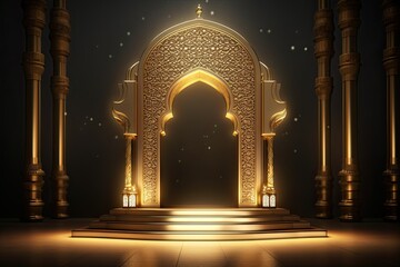 Ramadan kareem or eid al fitr, background with golden arch, with golden arabic pattern, background for holy month of muslim community Ramadan Kareem - obrazy, fototapety, plakaty