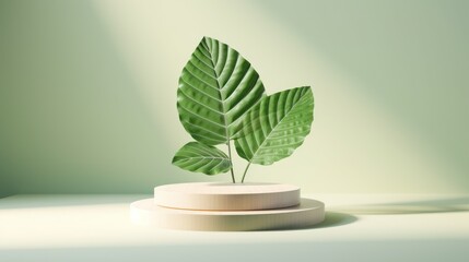 A circle stand on a light background with a leaf on the back