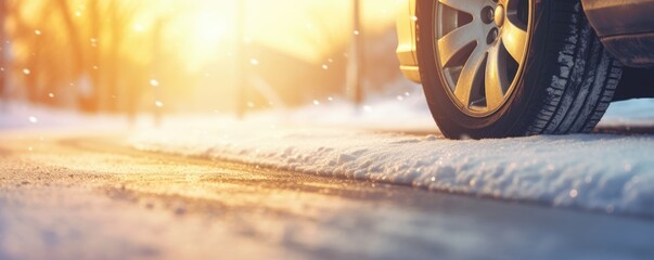 Winter snowy car tires in the snowing winter season on wet road, banner panorama. Generative Ai.