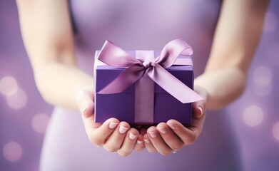 Female hands holding a purple gift box with a bow against pastel background.