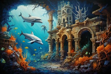Underwater scene with dolphins, fish, turtles, coral reef, and a broken wall. Generative AI