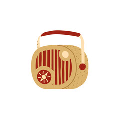 Vintage portable radio receiver in beige and red. . Retro technique that you can take for a walk. Hand-drawn doodle illustration.
