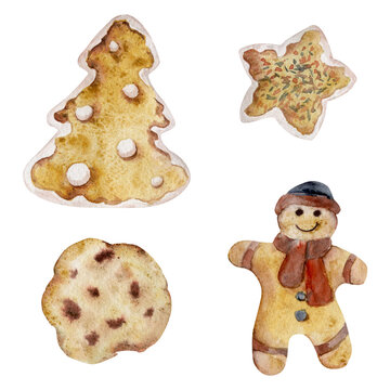 Hand drawn watercolor illustration. Homemade shortbread cookies, gingerbread man, tree, glazed star, Christmas ornament. Single object isolated on white background. Bakery shop, logo, print, card