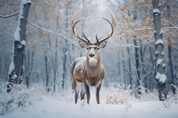 Naklejka na ściany i meble Enchanting Winter Forest Scene with Deer for Christmas