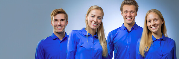 A team of young, smiling dentists in blue polo shirts.