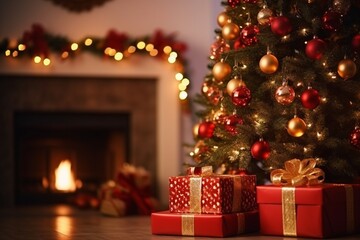 Fototapeta na wymiar Cozy Christmas Scene: Decorated Tree, Fireplace, and Gifts