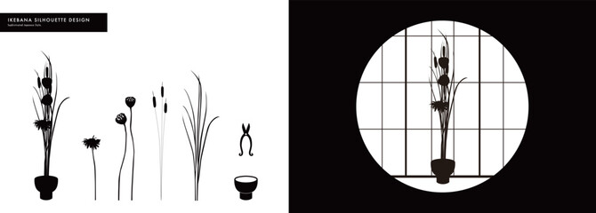 Collection of silhouette design vector illustrations of ikebana and flowers. Sophisticated style, Japanese culture. Monotone,生花,華道,シルエットアート,モノトーン,おしゃれ