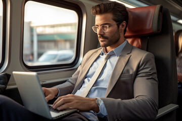 businessman on train using laptop