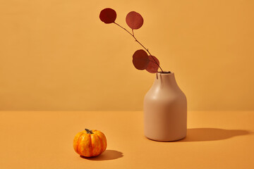 Simplicity concept of a flower pot decorated with an orange pumpkin over the light background. Thanksgiving is a day to celebrate good harvests and thank God for a full life