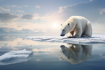 Polar bear on melting ice to show the effects of climate chang - obrazy, fototapety, plakaty
