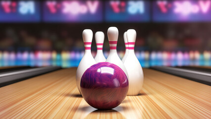 Picture of bowling ball hitting pins scoring a strike. Bowling background. Bowling 3D
 - obrazy, fototapety, plakaty