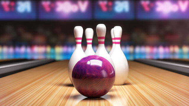 Picture of bowling ball hitting pins scoring a strike. Bowling background. Bowling 3D
