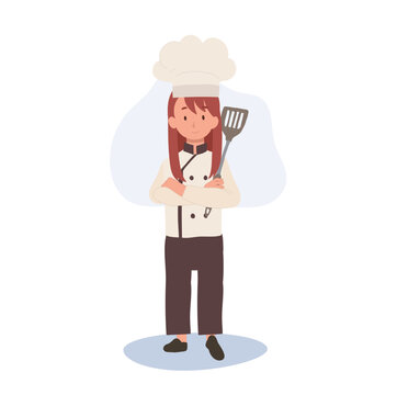 Confident Young Kid Chef with Crossed Arms and holding flipper. Junior Chef in Chef Hat.