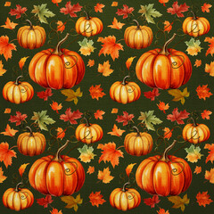 Autumn pattern of pumpkins and leaves in watercolor style on dark green background 