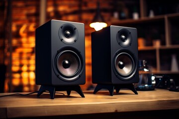 black stereo speakers. Generative AI - obrazy, fototapety, plakaty