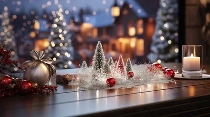 Fotobehang Christmas winter decorations with snowflakes, snow, xmas baubles and fir trees on wooden table © DigitalDreamscape