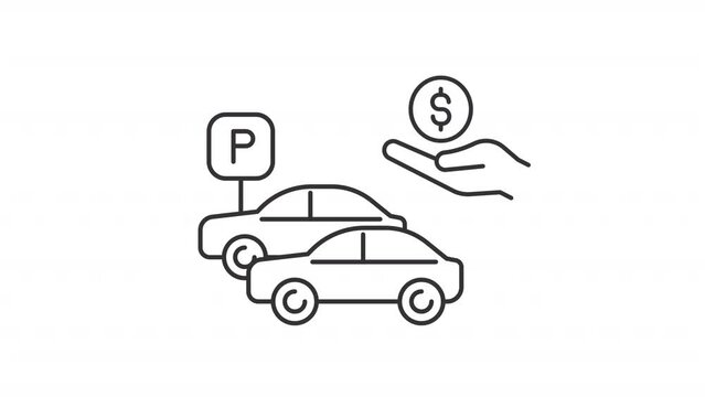 2D black simple thin line animation of free parking area, HD video with transparent background, seamless loop 4K video representing employee perks and bonuses.