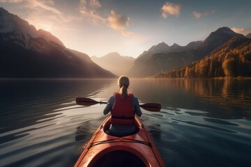 Woman kayaking lake. Travel person. Generate Ai - obrazy, fototapety, plakaty