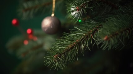 Christmas decoration on the tree - colored ball, abstract New Year background. Generative AI