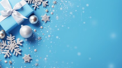 Photo of a beautifully wrapped blue gift box with a delicate white bow and festive snowflake design on a serene blue background