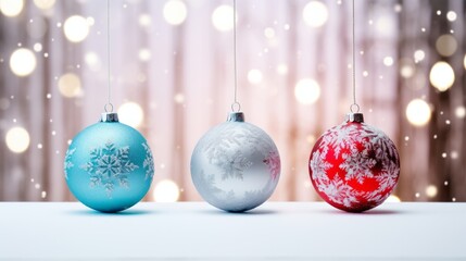 Photo of three colorful Christmas ornaments hanging from strings on a festive table