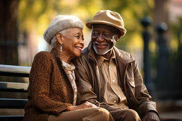 An elderly dark-skinned couple, a man and a woman, are hugging on a bench in the park. They enjoy communication. Date. Older African American lovers. Relationships in old age. Love and romance.