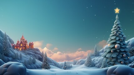 Photo of a winter wonderland with a majestic castle and a festive Christmas tree - obrazy, fototapety, plakaty