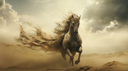 Mythical sand storm earth elemental horse born from dust and stone, legendary guardian of the desert running with the wind, magnificent fantasy stallion - obrazy, fototapety, plakaty