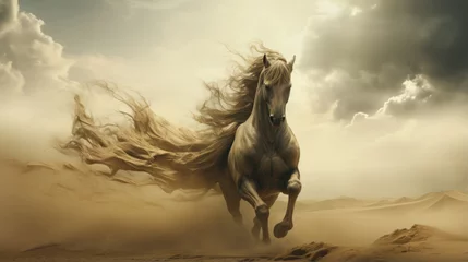 Foto auf Alu-Dibond Mythical sand storm earth elemental horse born from dust and stone, legendary guardian of the desert running with the wind, magnificent fantasy stallion © SoulMyst
