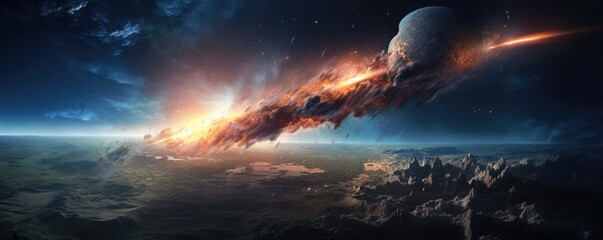 Meteor glowing as it enters the Earth's atmosphere, ultra realistic panorama. Generative Ai. - obrazy, fototapety, plakaty