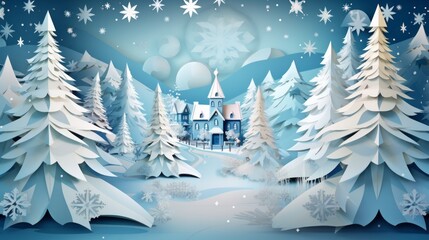 Photo of a snowy castle surrounded by trees in a winter wonderland