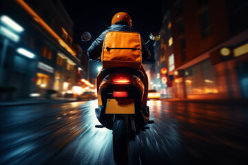 Scooter delivery at night. Night delivery. Late Cargo Delivery. - obrazy, fototapety, plakaty