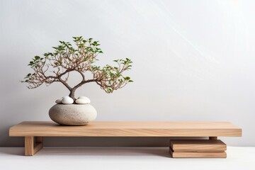 Vintage wooden table shelf with pebble and potted bonsai, white flowers, modern wooden bedroom, interior design, clean architecture concept. Generative AI