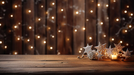 Christmas decorations wooden table with snowflakes, background for Christmas gifts, composition of decorations for winter and Xmas | Generative AI