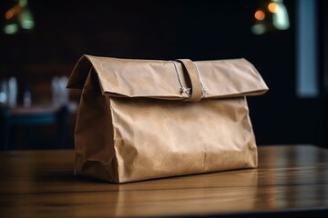 Paper bag on table. Eco-friendly bag delivery. Generative AI