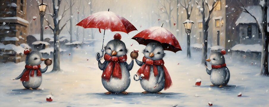 Christmas card with snowmen holding an umbrella in the snow, decorative paintings, with empty copy space Generative AI