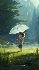 child under umbrella. Generative AI