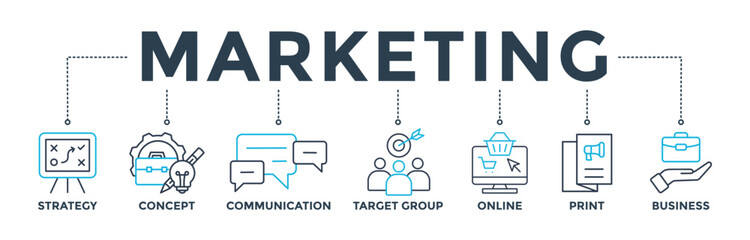 Marketing banner web icon vector illustration concept with icon of strategy, concept, communication, target group, online, print and business