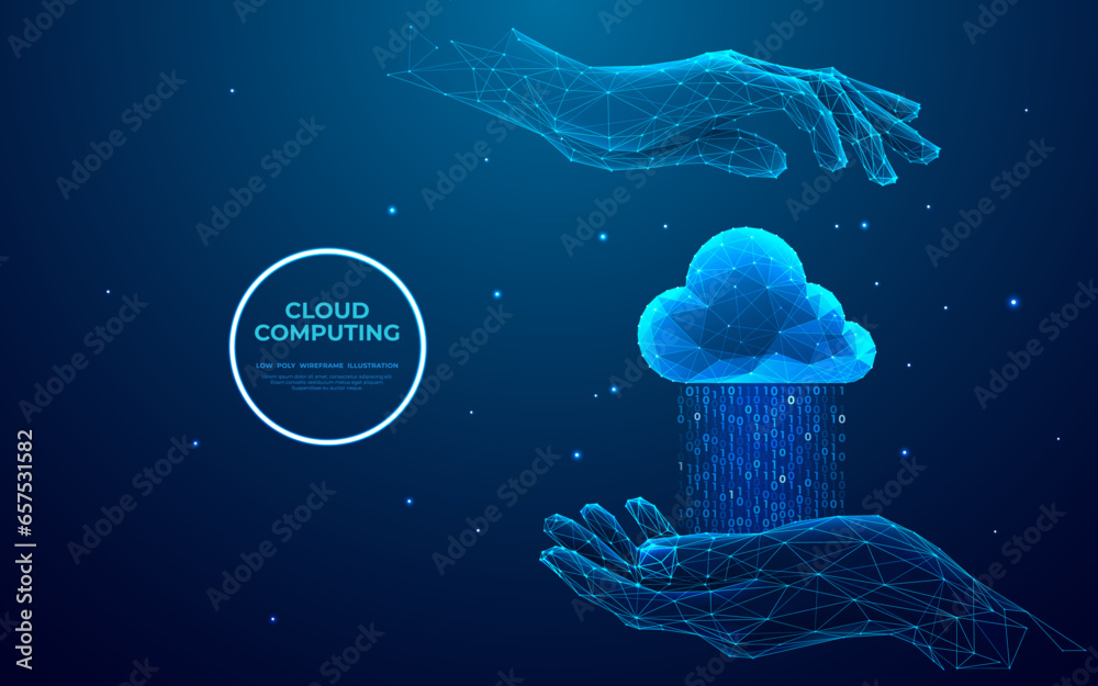 Poster Businessman offering cloud computing service. Binary code and cloud computing icon on blue technology background with glowing starry sky. Low poly wireframe vector illustration in futuristic style.