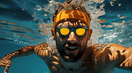AI lllustration of an athlete with glasses is swimming outdoor in the pool