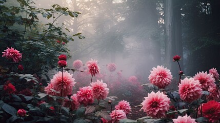Ethereal play of early morning mist with petals of dahlias and azaleas. Palette: Rich reds, vibrant pinks, and spectral grays