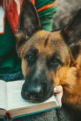 Autumn photos, shepherd shows tongue, book.