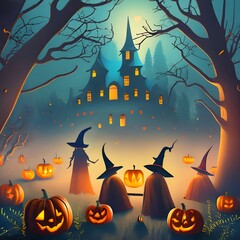 The name "happy halloween" Conjure a scene where a witch's coven gathers in a moonlit clearing, their silhouettes casting long, eerie shadows as they perform a mystical ritual surrounded by flickering