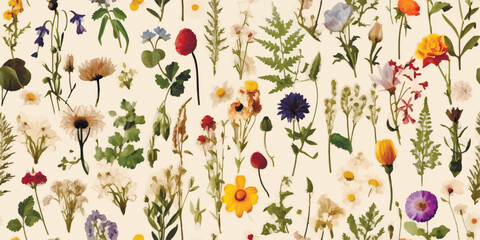 Modern Wildflower vector Seamless Pattern, Garden Flowers, Floral, Boho, Collage contemporary seamless pattern, Nature floral background. Texture for Cloth, Textile, Wallpaper, fashion prints